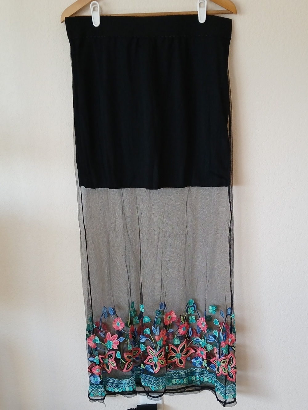 Crazy Train Black Maxi Skirt Sheer Floral Embroidery New